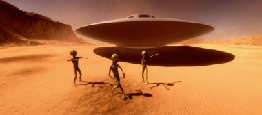 Son derece ayrıntılı ve gerçekçi yüksek çözünürlüklü 3d illüstrasyon feauturing 3 dans Gri Yabancılar bir Mars gezegen gibi