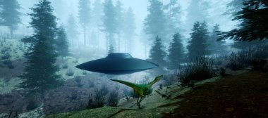 Extremely detailed and realistic high resolution 3d illustration of a Dinosaur encountering an Alien Ufo clipart