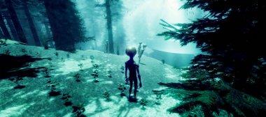 Bir ormanda duran bir Gri Alien son derece ayrıntılı ve gerçekçi yüksek çözünürlüklü 3d illüstrasyon