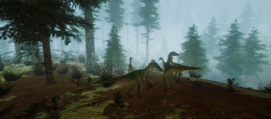 Ormanda bir Compsognathus Dinozor Son derece ayrıntılı ve gerçekçi yüksek çözünürlüklü 3d illüstrasyon.