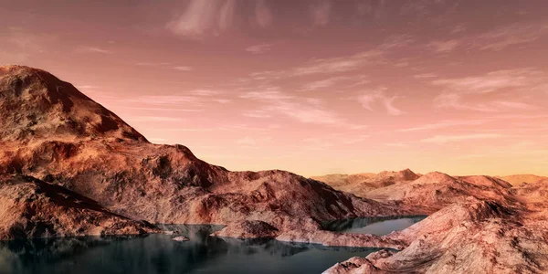 Εξαιρετικά λεπτομερής και ρεαλιστική 3D απεικόνιση ενός εξωγήινου τοπίου σε μια γη σαν τον πλανήτη — Φωτογραφία Αρχείου