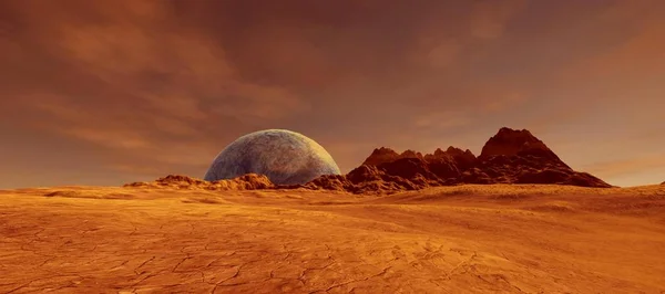 Mars 'ta bir Alien Landscape son derece detaylı ve gerçekçi yüksek çözünürlüklü 3D Illustration. Human Colony, astronot, araç ve UFO. Bu görüntünün elemanları NASA tarafından döşenmiştir.