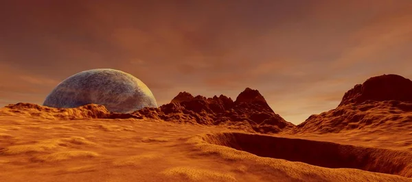 Mars 'ta bir Alien Landscape son derece detaylı ve gerçekçi yüksek çözünürlüklü 3D Illustration. Human Colony, astronot, araç ve UFO. Bu görüntünün elemanları NASA tarafından döşenmiştir.
