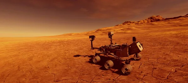 Mars 'ta bir Alien Landscape son derece detaylı ve gerçekçi yüksek çözünürlüklü 3D Illustration. Merak Rover. Bu görüntünün elemanları NASA tarafından döşenmiştir.