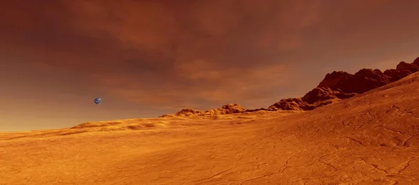 Mars'ta bir Alien Manzara son derece ayrıntılı ve gerçekçi yüksek çözünürlüklü 3d illüstrasyon. Kızıl Gezegende Ufo. 