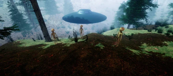 Чрезвычайно подробная и реалистичная трехмерная иллюстрация серого пришельца в лесу с высоким разрешением — стоковое фото