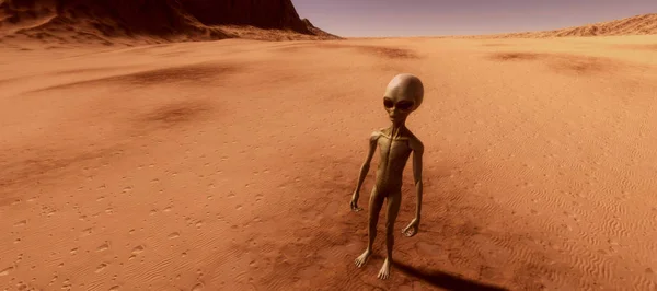 Extremely detailed and realistic high resolution 3d illustration feauturing a Grey Alien on a Mars like planet — Stock Photo, Image