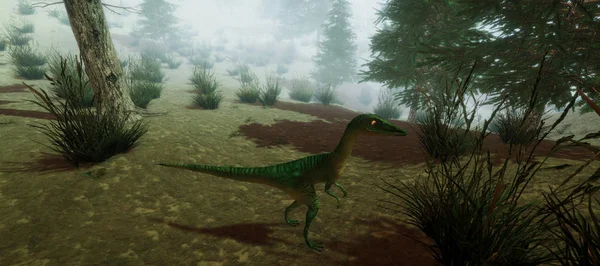 Uiterst gedetailleerde en realistische 3D-afbeelding met hoge resolutie van een Compsognathus-dinosaurus in het bos. — Stockfoto
