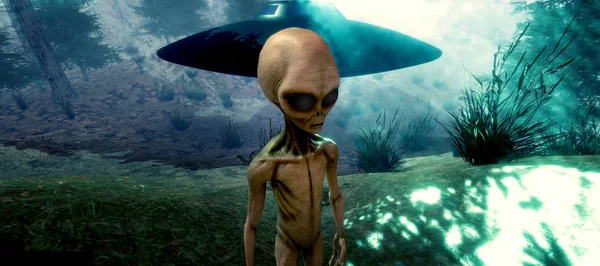 Bir ormanda duran bir Gri Alien son derece ayrıntılı ve gerçekçi yüksek çözünürlüklü 3d illüstrasyon