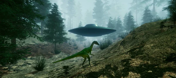 恐龙遭遇外星人飞碟的极其详细和逼真的高分辨率 3d 插图 — 图库照片