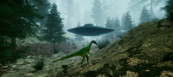 Bir Alien Ufo ile karşılaşan bir Dinozorun son derece ayrıntılı ve gerçekçi yüksek çözünürlüklü 3d illüstrasyon