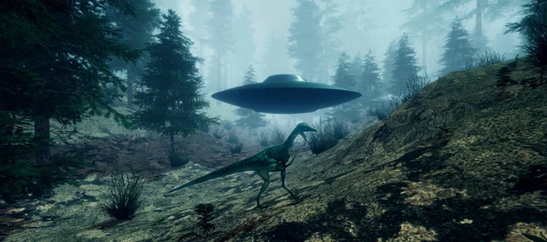 Extremt detaljerad och realistisk högupplöst 3D illustration av en dinosaurie stöter på en utomjordisk UFO — Stockfoto