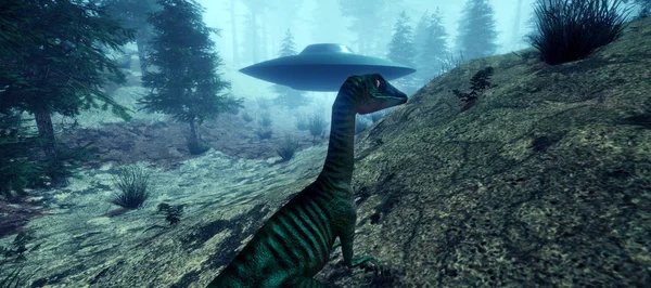 Illustrazione 3D ad alta risoluzione estremamente dettagliata e realistica di un dinosauro che incontra un Ufo alieno — Foto Stock