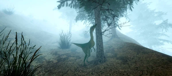 Extrem detaillierte und realistische hochauflösende 3D-Illustration eines compsognathus Dinosauriers im Wald. — Stockfoto