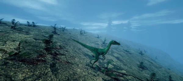 Illustrazione 3D ad alta risoluzione estremamente dettagliata e realistica di un dinosauro Compsognathus nella foresta . — Foto Stock