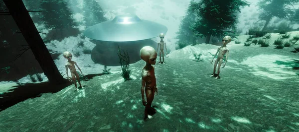 Bir ormanda duran bir Gri Alien son derece ayrıntılı ve gerçekçi yüksek çözünürlüklü 3d illüstrasyon