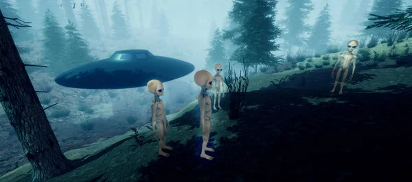 Extrem detaillierte und realistische hochauflösende 3D-Illustration eines grauen Außerirdischen, der im Wald steht — Stockfoto
