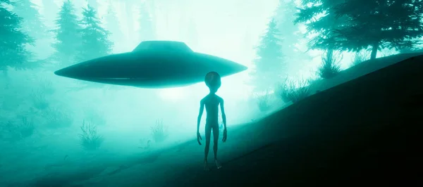 Bir ormanda duran bir Gri Alien son derece ayrıntılı ve gerçekçi yüksek çözünürlüklü 3d illüstrasyon