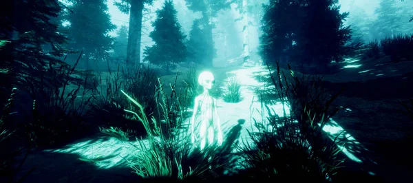 Bir ormanda duran bir Gri Alien son derece ayrıntılı ve gerçekçi yüksek çözünürlüklü 3d illüstrasyon