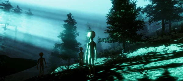 Bir ormanda duran bir Gri Alien son derece ayrıntılı ve gerçekçi yüksek çözünürlüklü 3d illüstrasyon