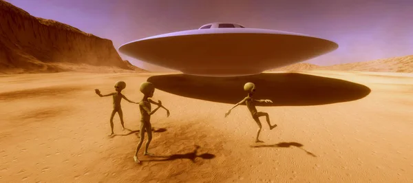 Uiterst gedetailleerde en realistische 3D-illustratie met hoge resolutie die 3 dansende grijze Aliens op een Mars-achtige planeet doet — Stockfoto