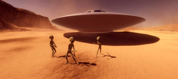 Extremely detailed and realistic high resolution 3d illustration feauturing 3 dancing Grey Aliens on a Mars like planet — Stock Photo, Image