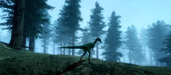 极其详细和现实的高分辨率3D插图的森林中的康普索尼亚图斯恐龙. — 图库照片