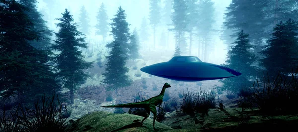 Чрезвычайно подробная и реалистичная 3D-иллюстрация динозавра, столкнувшегося с инопланетным НЛО в высоком разрешении — стоковое фото