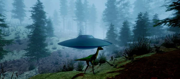 Extremadamente detallada y realista ilustración en 3D de alta resolución de un dinosaurio que se encuentra con un OVNI alienígena — Foto de Stock