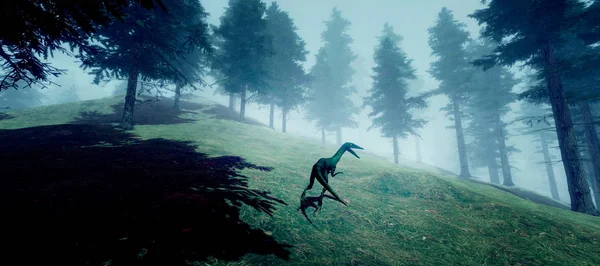 Extrem detaillierte und realistische hochauflösende 3D-Illustration eines compsognathus Dinosauriers im Wald. — Stockfoto