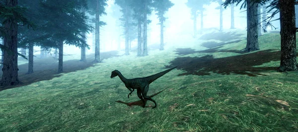 Надзвичайно докладний і реалістичний високої роздільної здатності 3D ілюстрація Compsognathus динозавра в лісі. — стокове фото