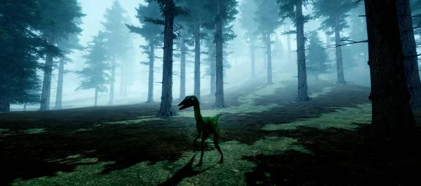 Ilustración 3D de alta resolución extremadamente detallada y realista de un dinosaurio Compsognathus en el bosque . — Foto de Stock