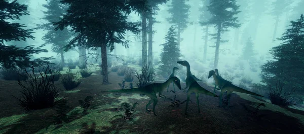 Чрезвычайно подробная и реалистичная 3D иллюстрация динозавра Compsognathus в лесу с высоким разрешением . — стоковое фото