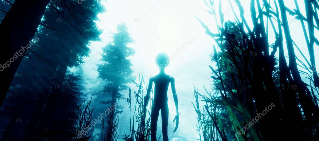 Extremely detailed and realistic high resolution 3d illustration of a Grey Alien standing in a forest