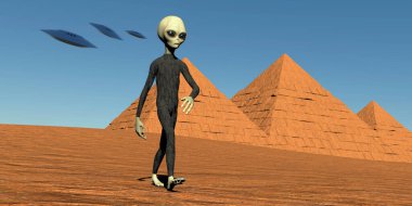 Giza Piramidinin önündeki Gri Uzaylı. Gerçekçi 3D canlandırma.