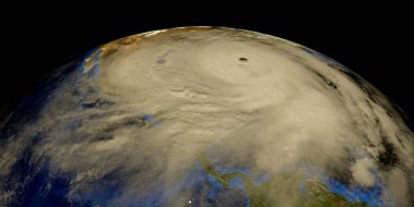 Teksas ve Florida 'da karaya vuran iki kasırga. Uzaydan gösteriliyor. Bu 3 boyutlu görüntünün elementleri NASA tarafından desteklenmektedir..