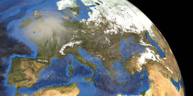 Avrupa 'da Fırtınalı Kasırga. Dünya uzaydan çekilmiş. Bu üç boyutlu illüstrasyonun elementleri NASA tarafından desteklenmektedir.