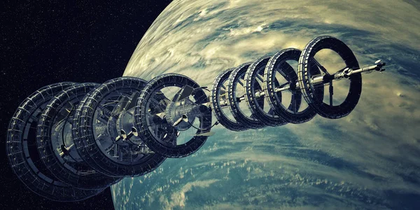Uzayın derinliklerine seyahat eden gelecekçi bilim kurgu uzay gemisi. Son derece detaylı ve gerçekçi yüksek çözünürlüklü 3D görüntüleme. Bu çizimin elementleri NASA tarafından döşenmiştir..