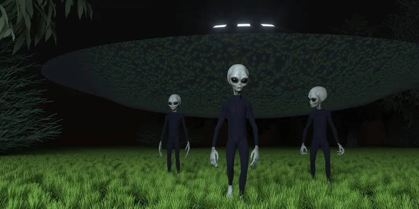 Alien Ufo Bosque Con Tres Extranjeros Grises Extremadamente Detallada Realista — Foto de Stock