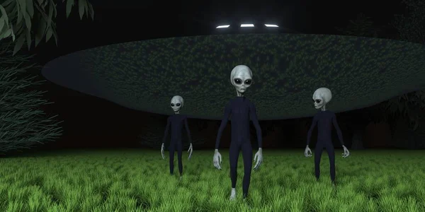 Ormandaki Uzaylı Ufo son derece detaylı ve gerçekçi üç boyutlu resimli üç gri uzaylı.