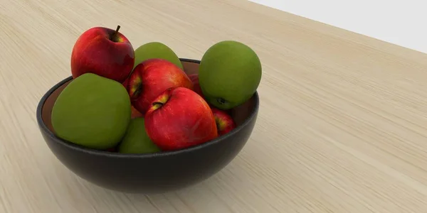 Extremely detailed and realistic high resolution 3d image of a fruit basket full of green and red apples