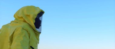 Son derece detaylı ve gerçekçi yüksek çözünürlüklü tehlikeli madde kıyafeti giymiş bir adamın 3D görüntüsü.