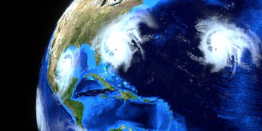 Son derece detaylı ve gerçekçi yüksek çözünürlüklü ABD 'ye yaklaşan çoklu kasırgaların 3D görüntüsü. Uzaydan çekilmiş. Bu görüntünün elementleri NASA tarafından döşenmiştir..