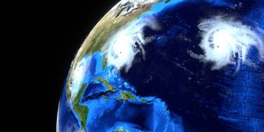 Son derece detaylı ve gerçekçi yüksek çözünürlüklü ABD 'ye yaklaşan çoklu kasırgaların 3D görüntüsü. Uzaydan çekilmiş. Bu görüntünün elementleri NASA tarafından döşenmiştir..
