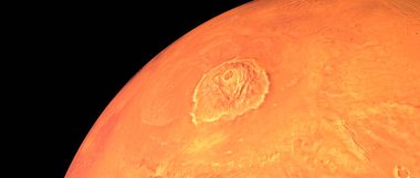 Mars Olympus Mons Vulcano. Gerçekçi 3 boyutlu görüntü. Uzaydan çekilmiş. Bu görüntünün elementleri NASA tarafından döşenmiştir..