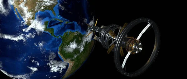 Ruimteschip Bij Aarde Uiterst Gedetailleerd Realistisch Beeld Elementen Van Deze — Stockfoto