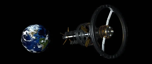 Dünya 'ya yakın bir uzay gemisi. Son derece detaylı ve gerçekçi üç boyutlu görüntü. Bu illüstrasyonun elementleri NASA tarafından döşenmiştir..