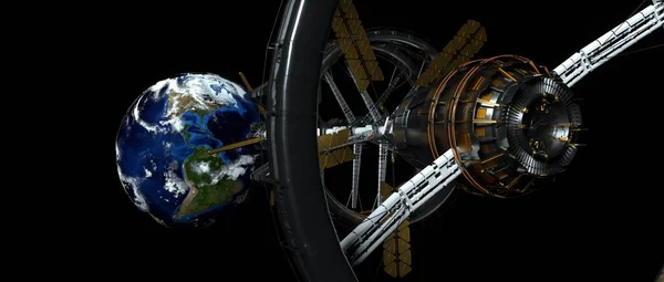 空间站船靠近地球 非常详细和现实的3D图像 美国航天局提供了这一说明的要点 — 图库照片