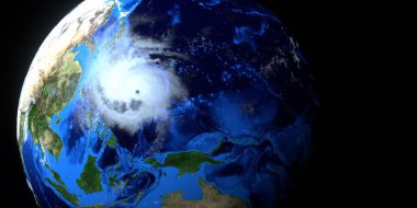 Son derece detaylı ve gerçekçi yüksek çözünürlüklü Hagibis tayfununun 3 boyutlu görüntüsü. Uzaydan çekilmiş. Bu görüntünün elementleri NASA tarafından döşenmiştir. 