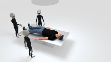 Üç gri Uzaylı ve Ameliyat Masasında İnsan Kaçırma son derece detaylı ve gerçekçi yüksek çözünürlüklü 3D görüntü